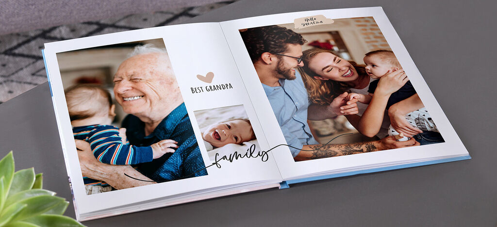 An open photo book shows loving family moments, featuring a child, woman, and man laughing.