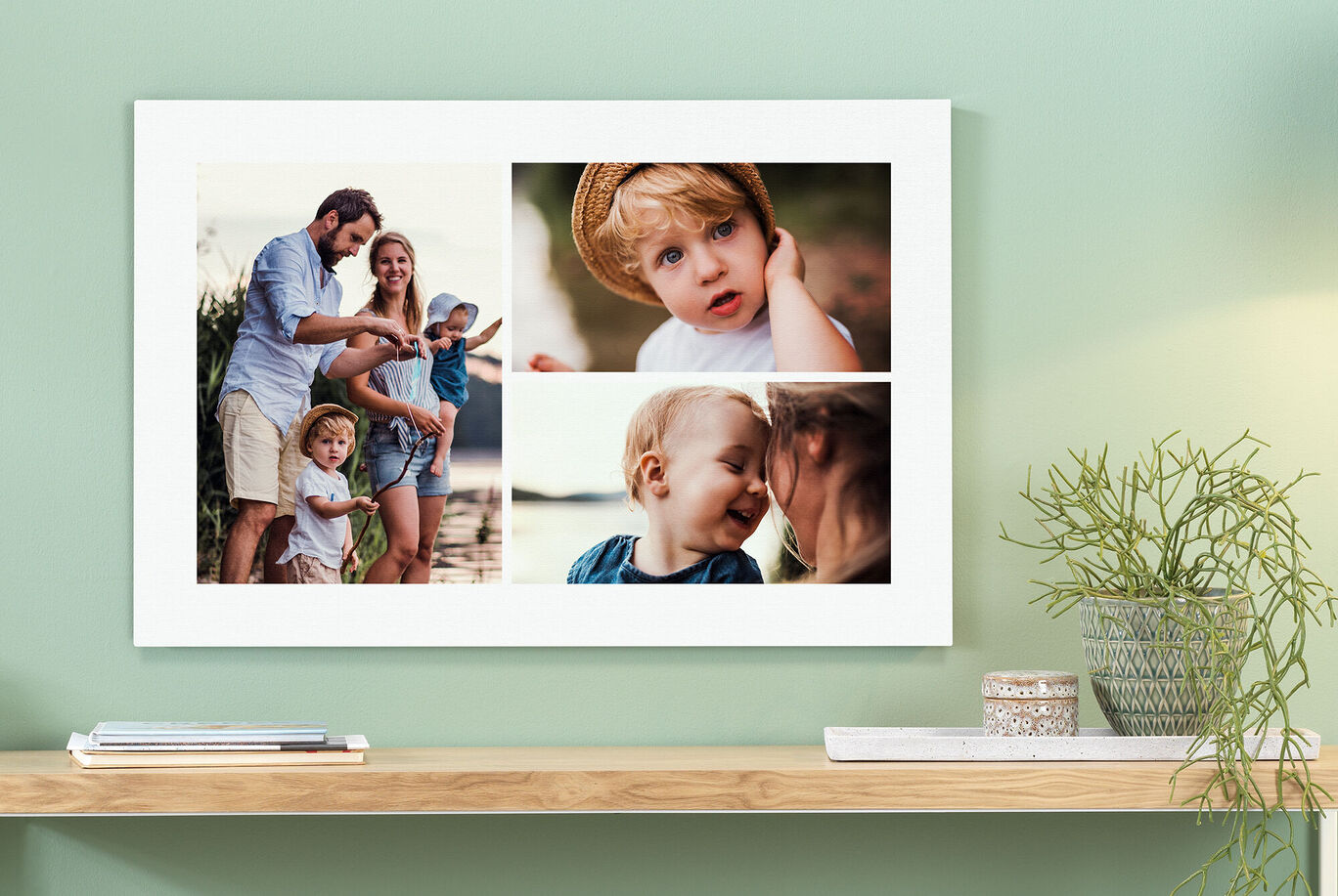 A happy family photo with shared moments in a beautiful frame. Parents enjoy time with their kids at the beach.
