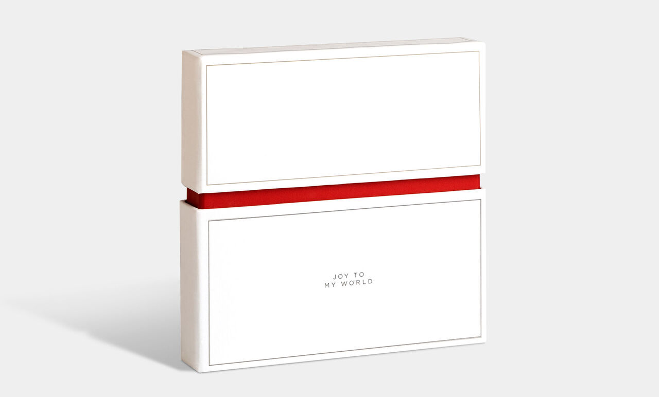 Gift wrapping in white with a red ribbon, labeled 'Joy to my world'