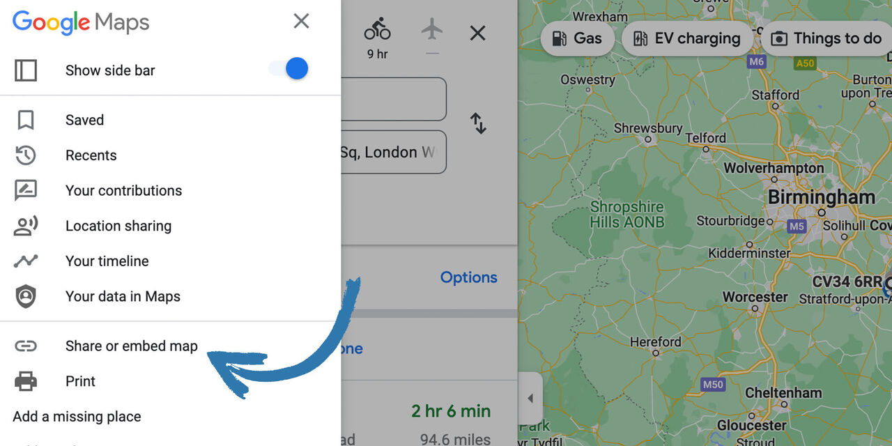 Screenshot of Google Maps with menu options for sharing or embedding.