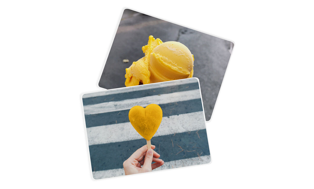 Two postcards with yellow ice cream and a heart motif.