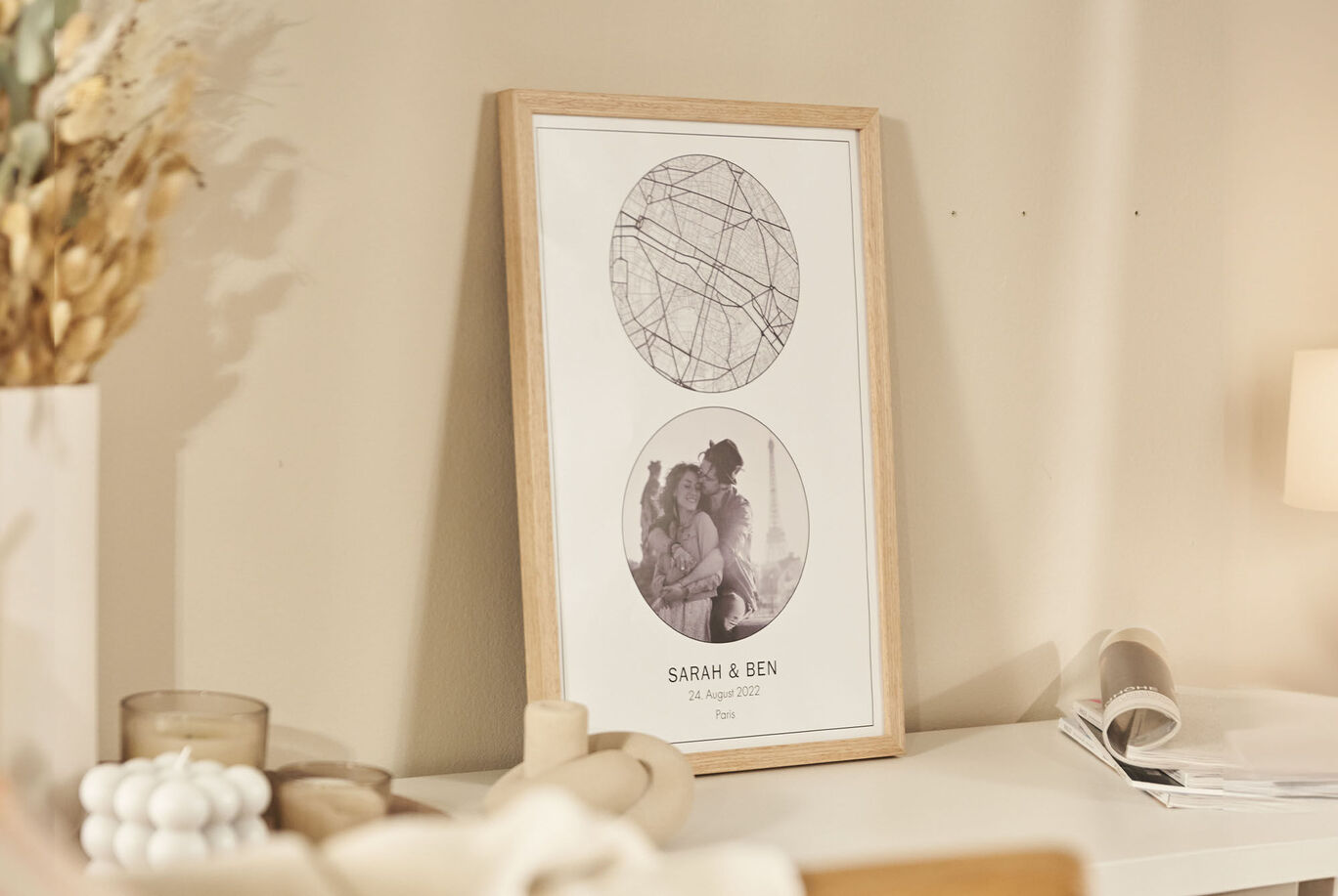 Frame with a creative poster featuring the names Sarah and Ben.