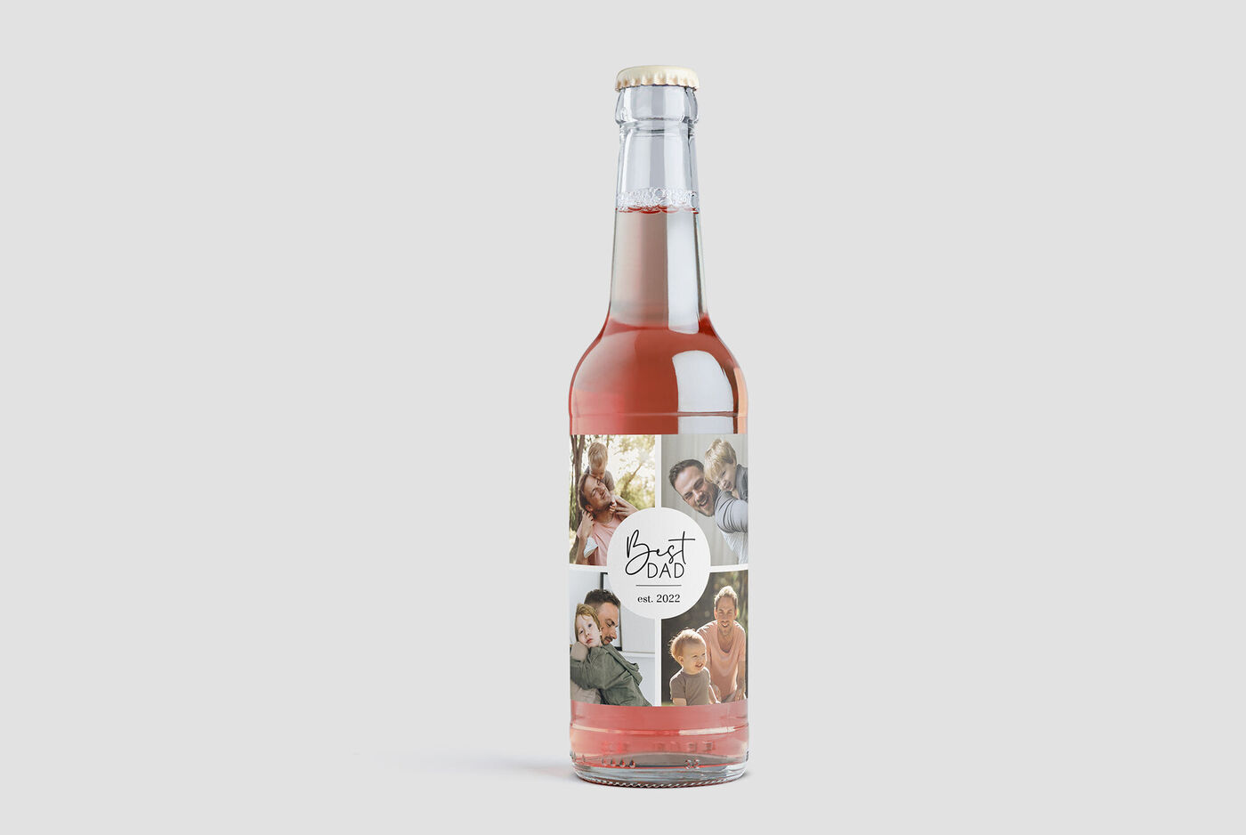 A bottle with a fruity drink, decorated with colorful images of joyful moments.