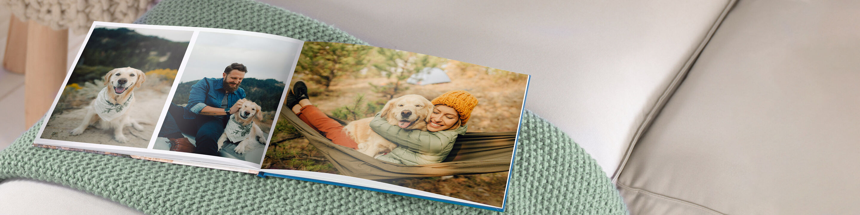 A loving couple hugs their dog in a hammock, enjoying a joyful moment together.