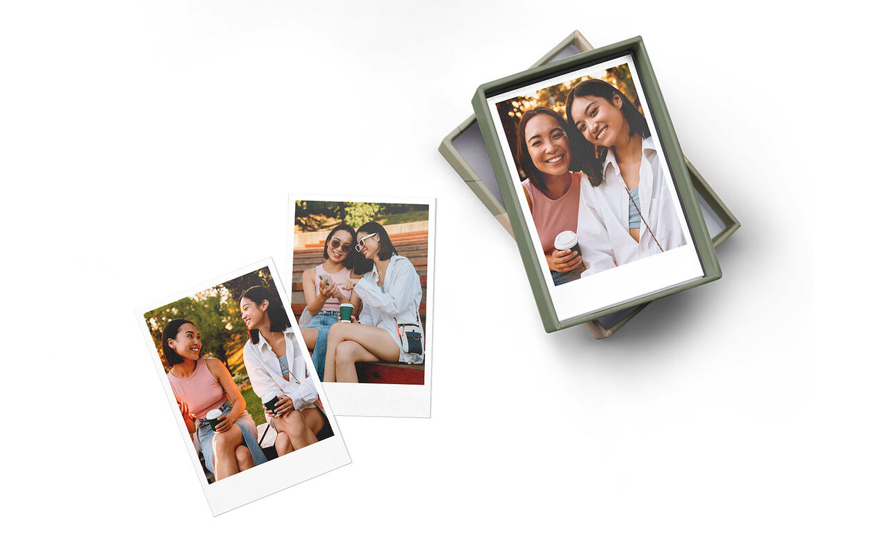 Three photos of friends spending time together and enjoying drinks, lying in a box.