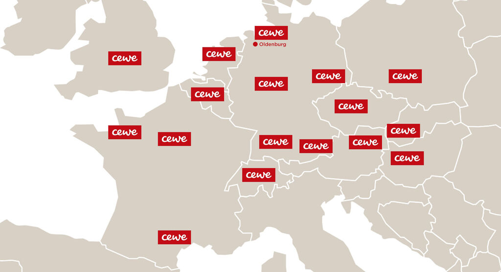 Map of Europe with CEWE locations marked.