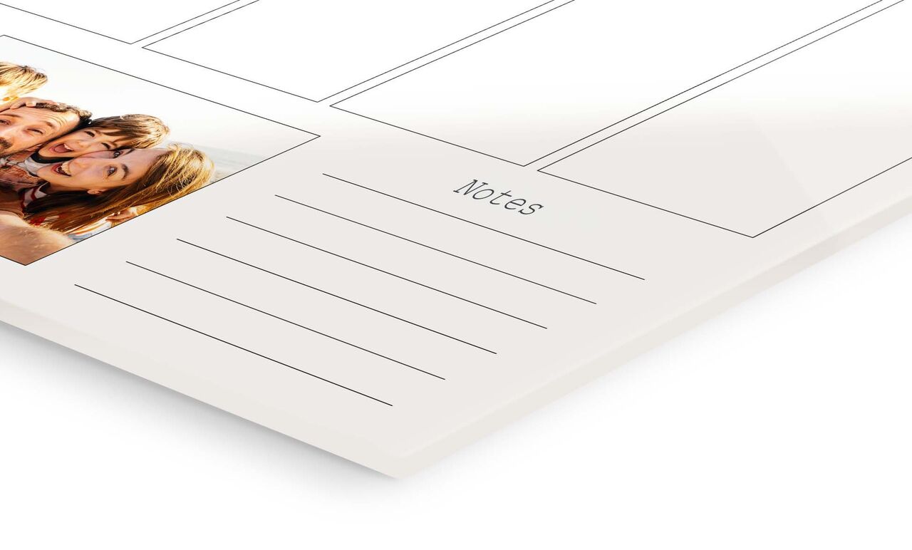 Design for a personal note card with space for photos and notes.
