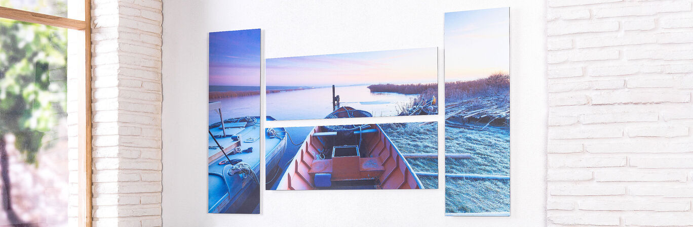 Collage of photo prints featuring boats and water landscapes in soft colors