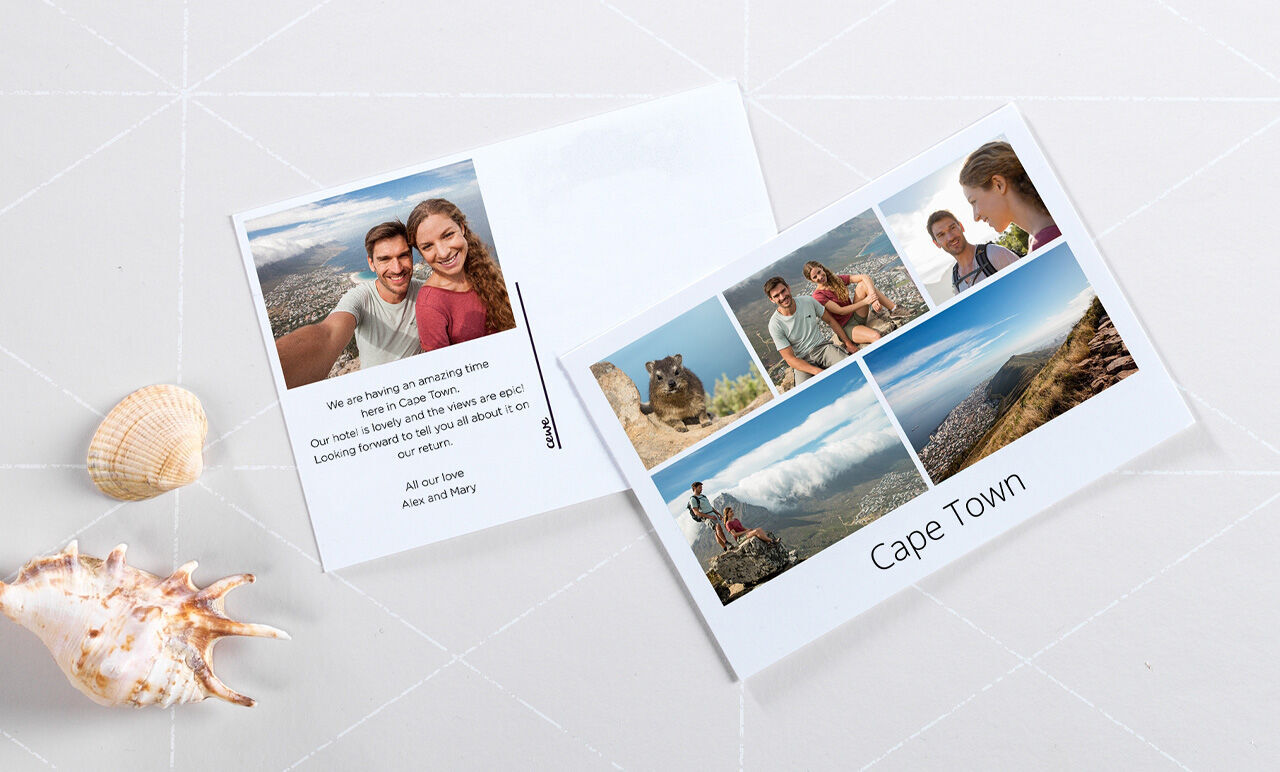 Postcard with images from Cape Town, featuring a couple and a landscape.