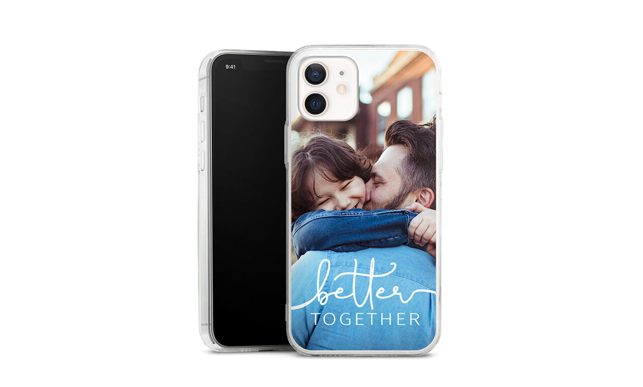 A smartphone with a clear protective case featuring a heart moment between a woman and a man, with the text 'better together'