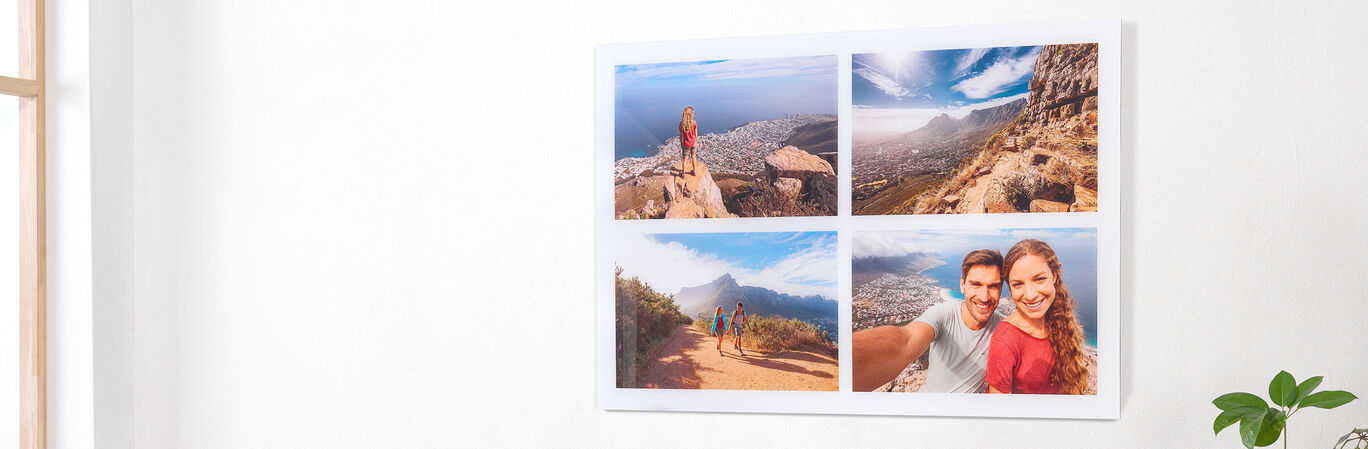Wall art with four holiday memories: mountain landscapes, city views, and travel moments