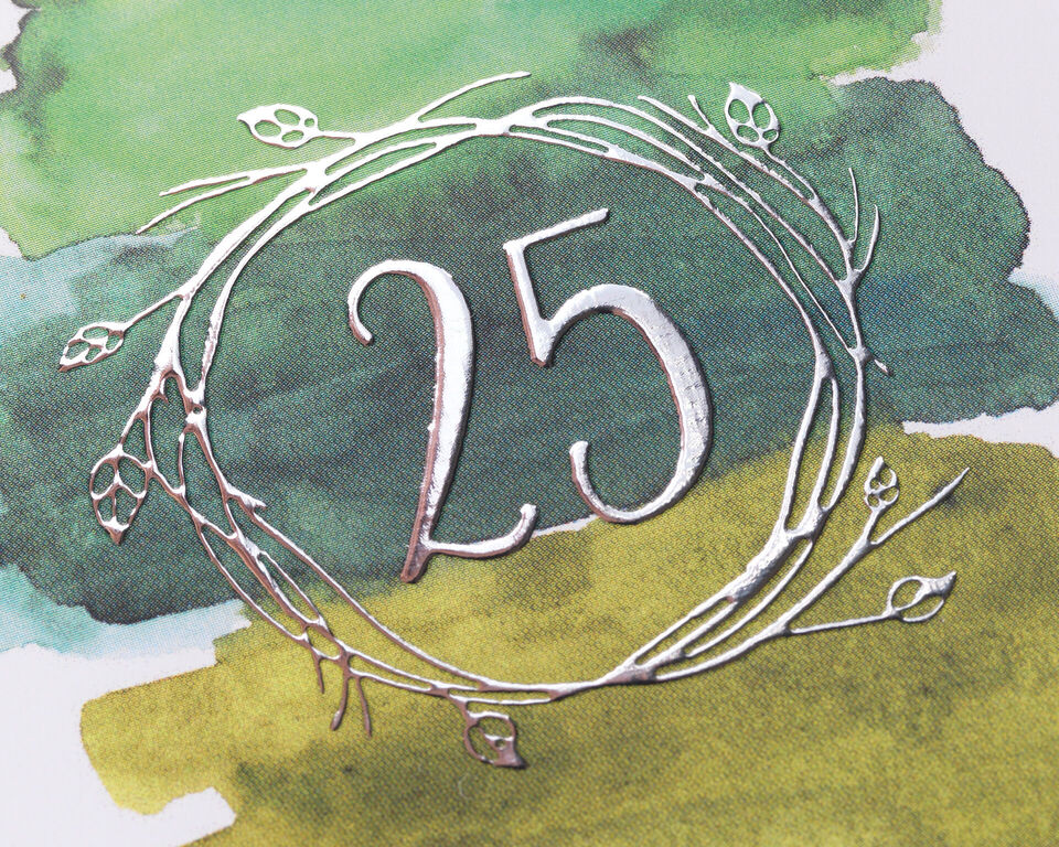 A stylish silver 25 in a decorative branch wreath on a colorful background.