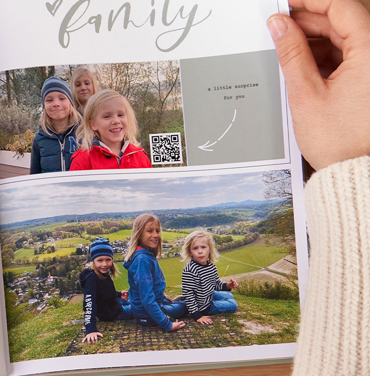 A loving family showcases their shared memories in a photo book. Two smiling kids at the top and three siblings below enjoying the view.