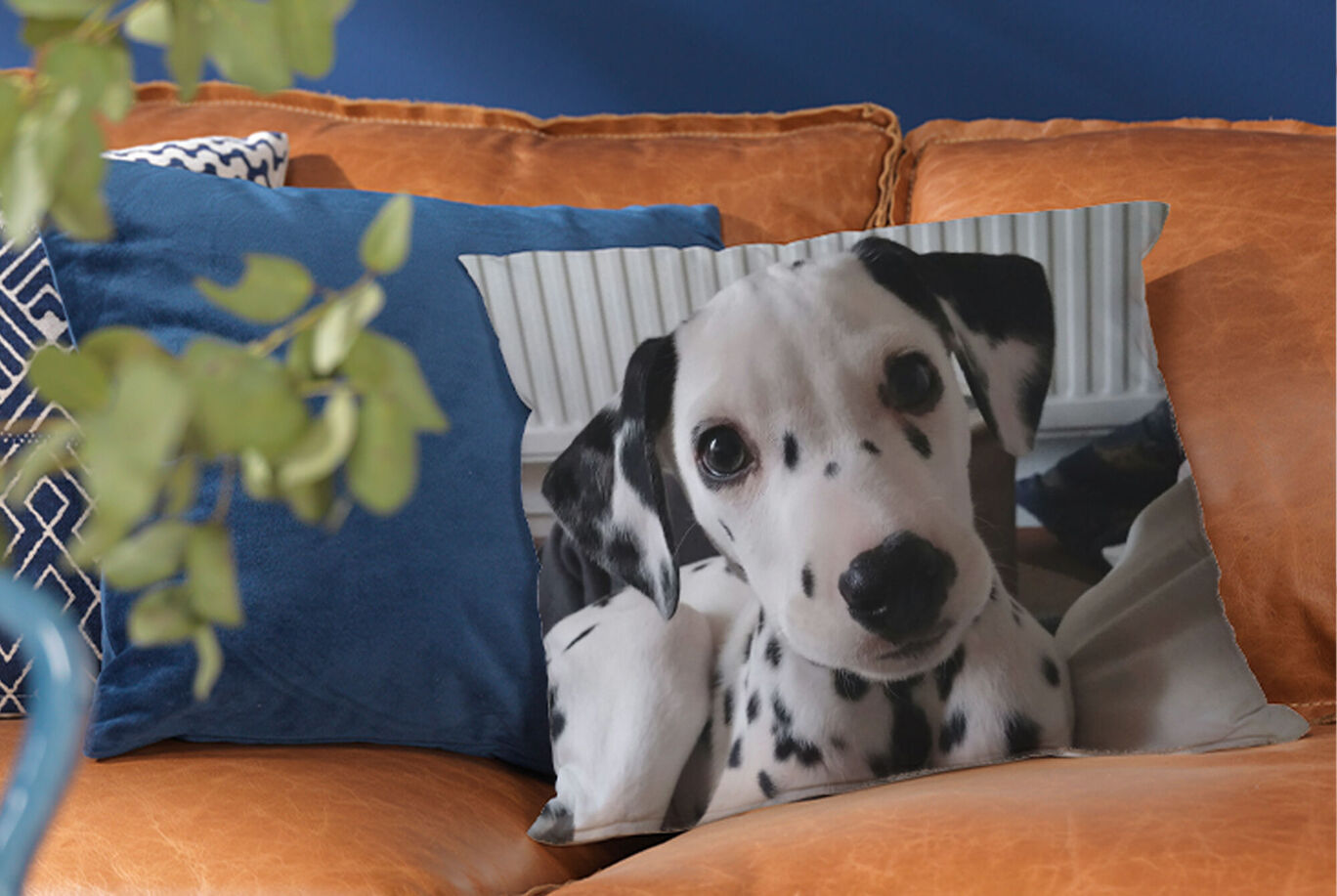 A Dalmatian on a pillow with a blue background.