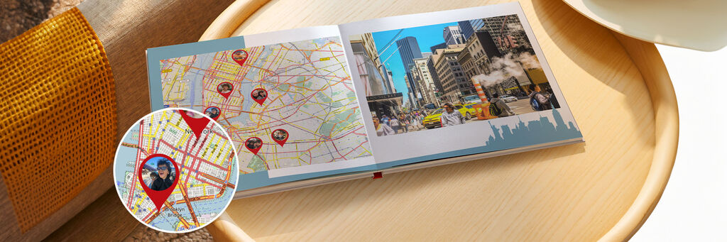 Public transport network on a city map in the photo book, surrounded by colorful city views.