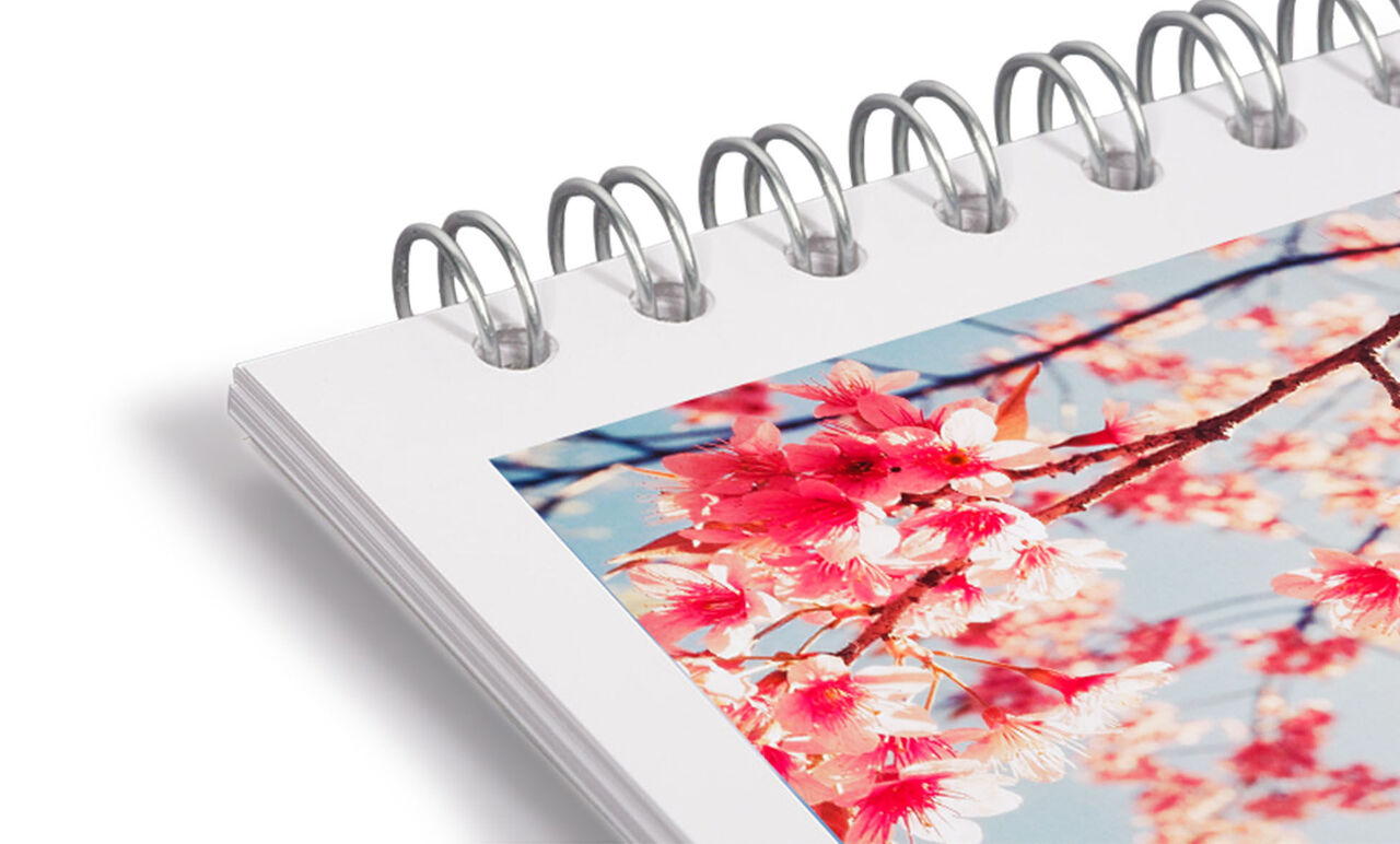 Close-up of a CEWE photo calendar with an image of cherry blossoms against a light blue background