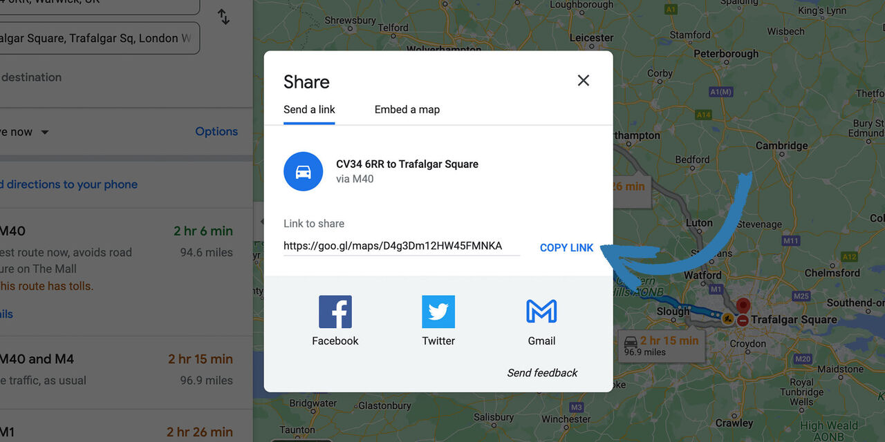 A map with Trafalgar Square as the destination and sharing options for social media.