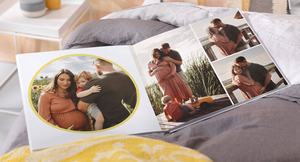Family enjoys time together with photos in a photo book