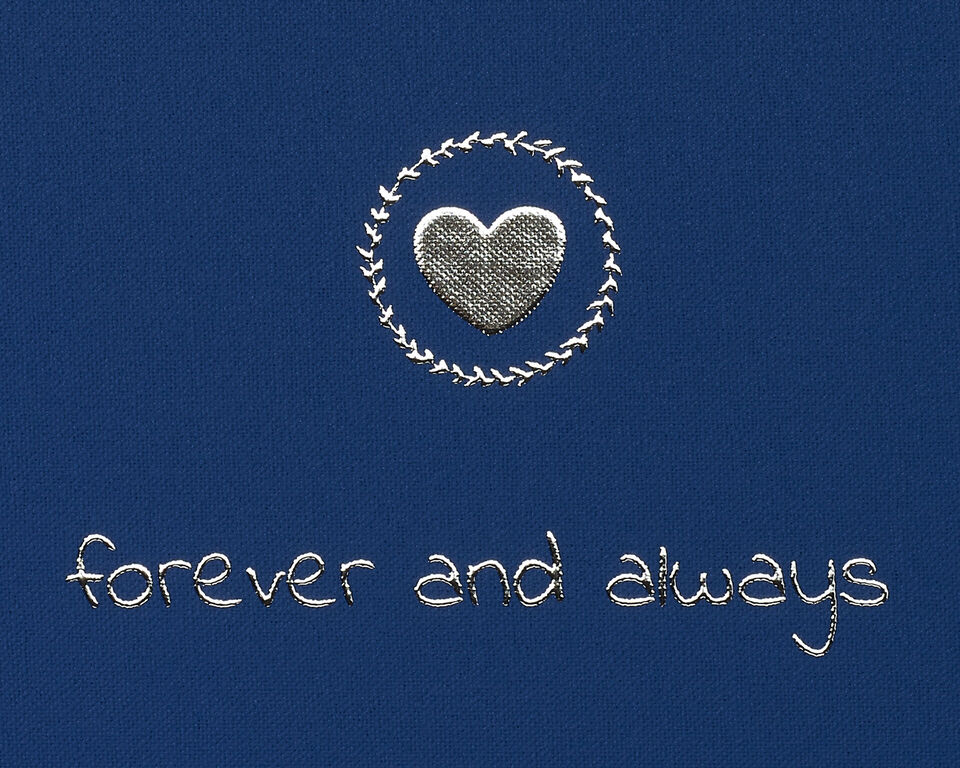 Blue card with embroidered heart and inscription "forever and always".