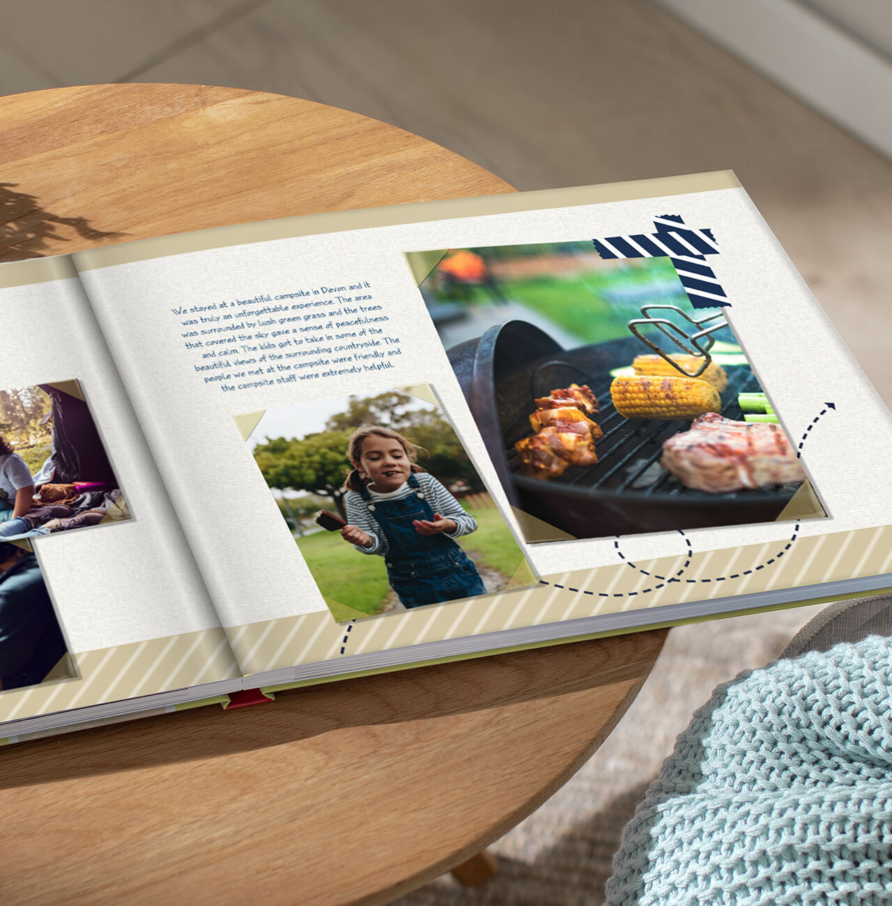 An open CEWE PHOTO BOOK with pictures from a barbecue party and a person outdoors. It shows delicious food and joyful moments.