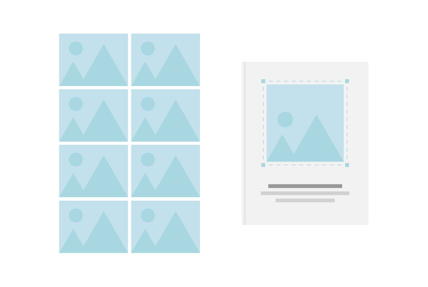 The image shows an overview of 9 small photo layouts featuring various landscapes, beside a larger layout with a placeholder image.