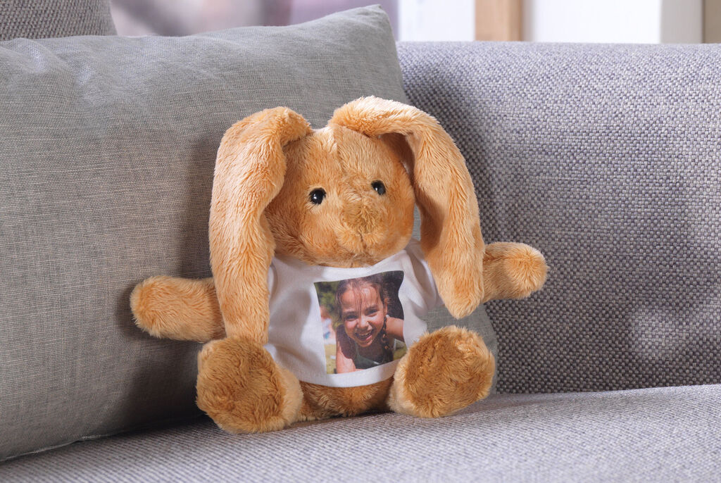 Stuffed bunny with a picture on its belly, friendly and inviting.