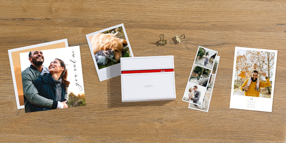 Charming photo cards and memories on a table, surrounded by clips