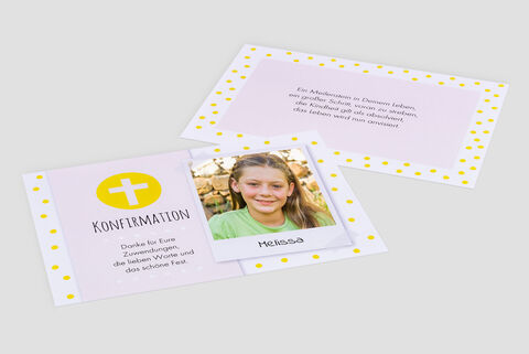 A lovingly designed confirmation card with a photo and yellow dots.