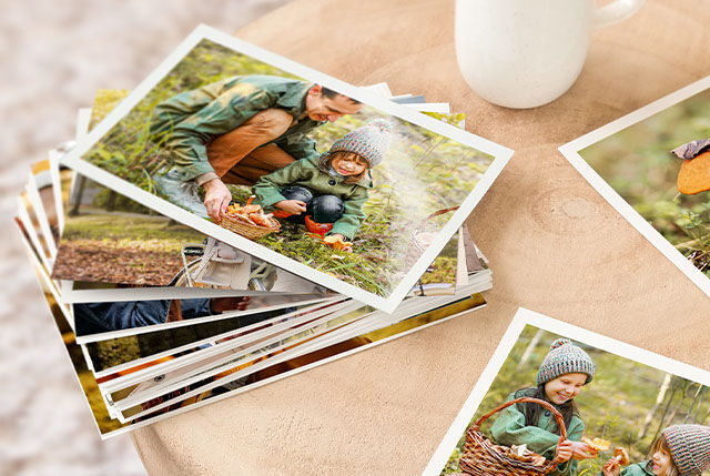 A loving snapshot of photos lying on a table, as an adult gathers mushrooms with a child in a park