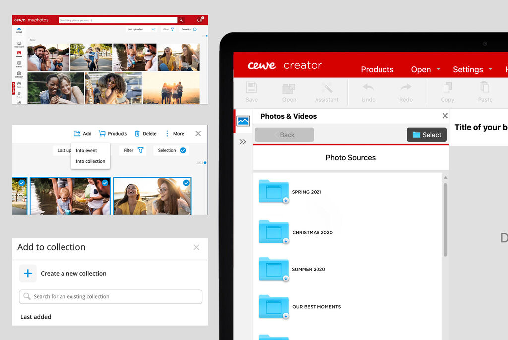 Screenshot of the CEWE Creator Software with various photo sources