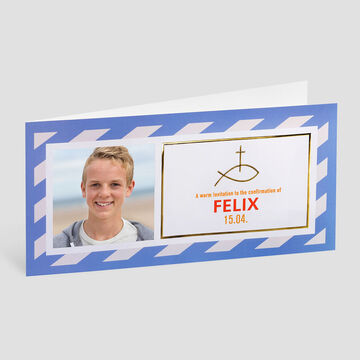 Invitation card for confirmation with blue-white border and golden symbols