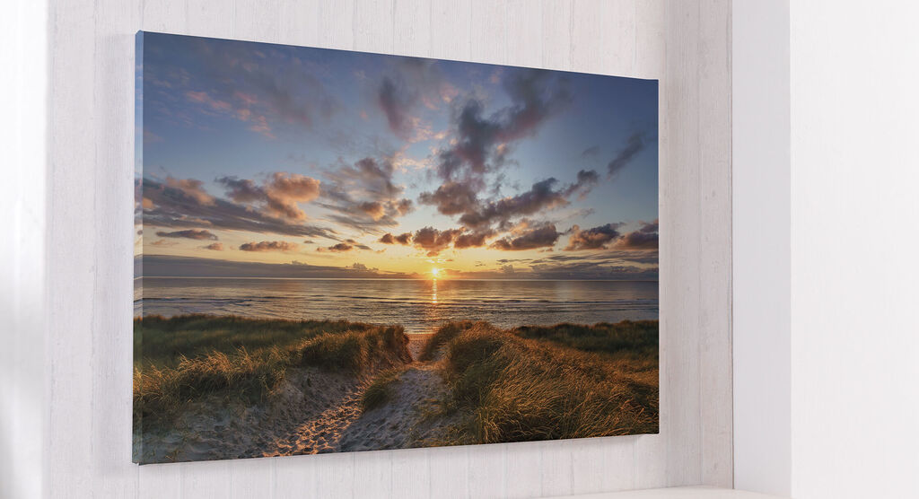 Beautiful wall art of a sunset at the beach with grass in front of the sea