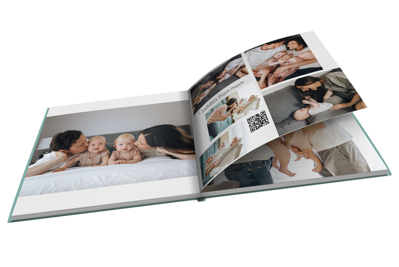 Open photo book with loving moments and happy parents with babies