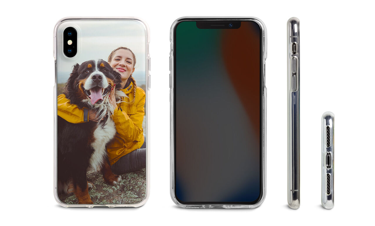 Phone case with a cheerful dog and a person in the background.