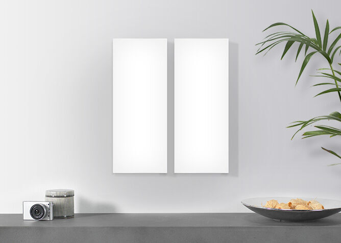 Two empty white frames on a wall, plants and decorative plates in the background