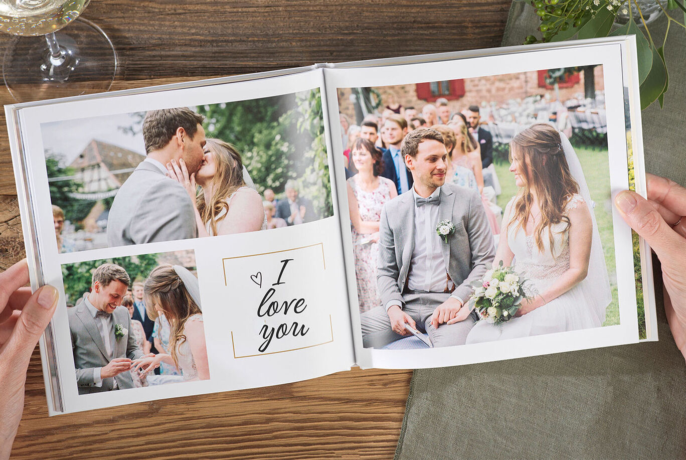 Two loving photos in a photo book showing a romantic moment.