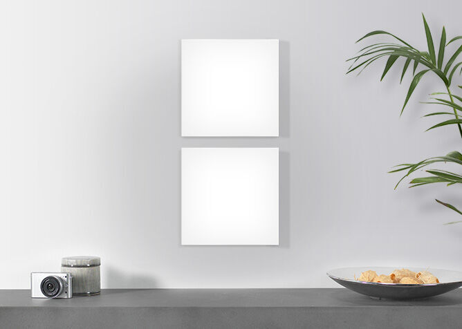 Two empty square wall pictures on a gray wall, next to a camera and a bowl of snacks.
