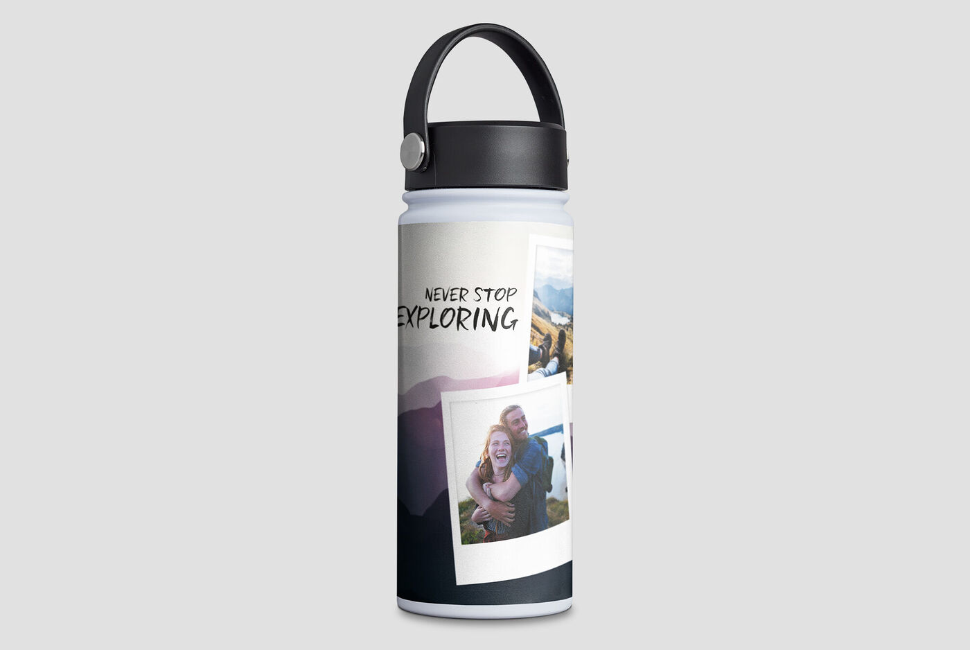 A personalized water bottle with photos and the text 'Never stop exploring'. It radiates adventure.