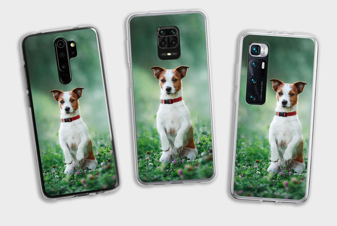 Three phone cases featuring a dog in the meadow. The dog sits upright wearing a red collar.