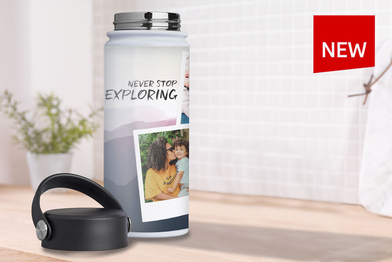 A stylish water bottle with a photo of two friends and the text 'Never stop exploring'.