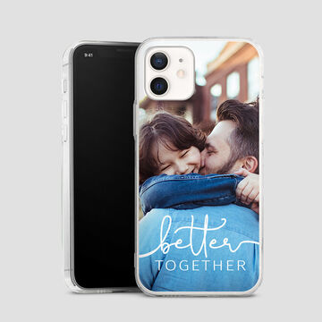 A phone in a transparent case featuring a loving photo of a couple hugging. It conveys a sense of togetherness and happiness.