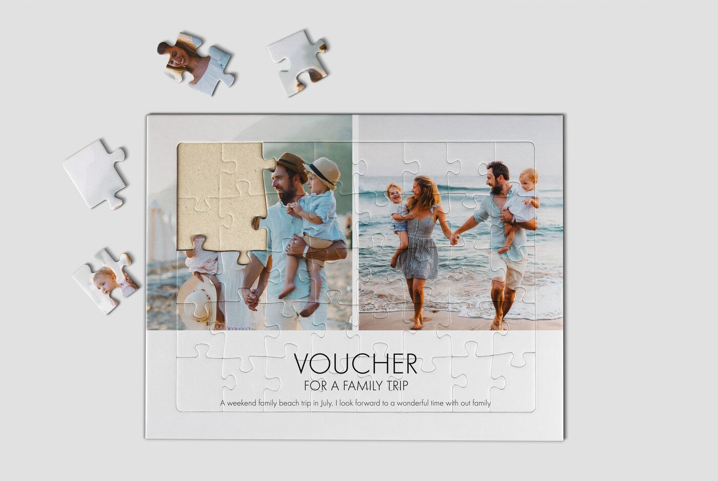 Puzzle voucher for a family outing with photos of happy moments at the beach