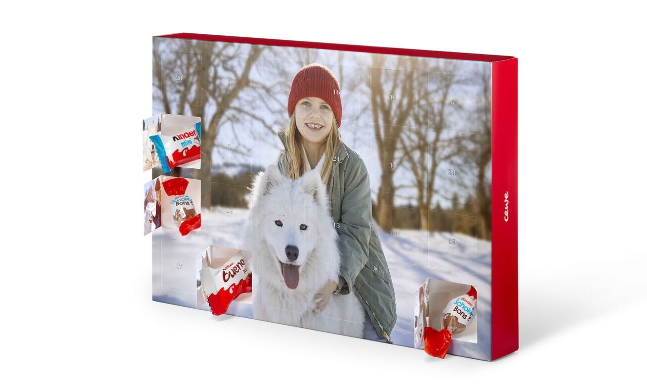 A person rides a white dog in the snow, surrounded by red packaging from CEWE.