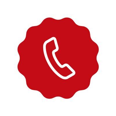 Red telephone receiver on a white background in a round badge.