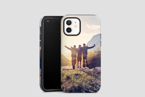 Personalized phone case with a photo of friends in nature.
