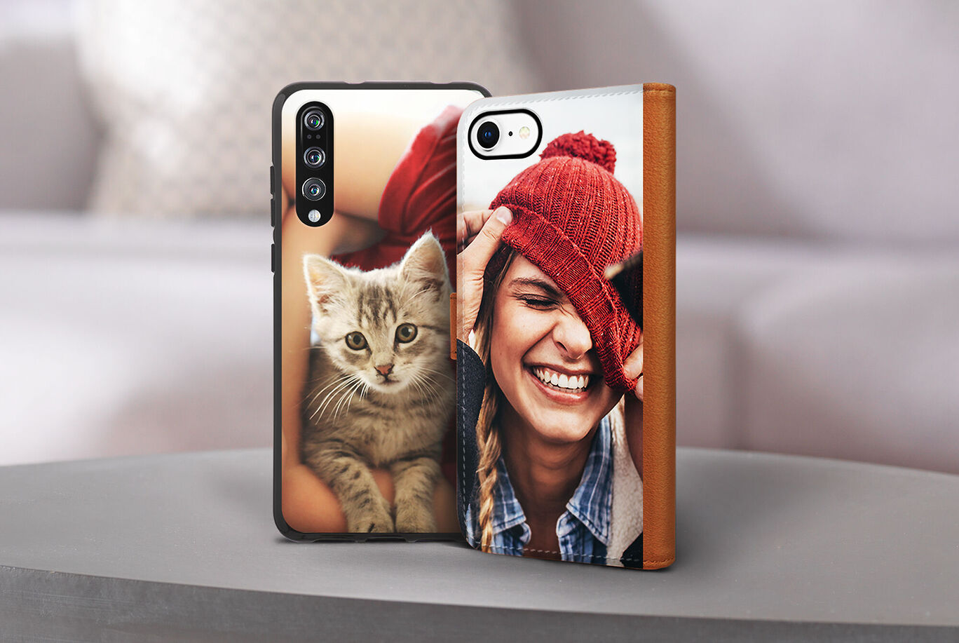 Cell phone covers showcase cute cat images and personal photos.