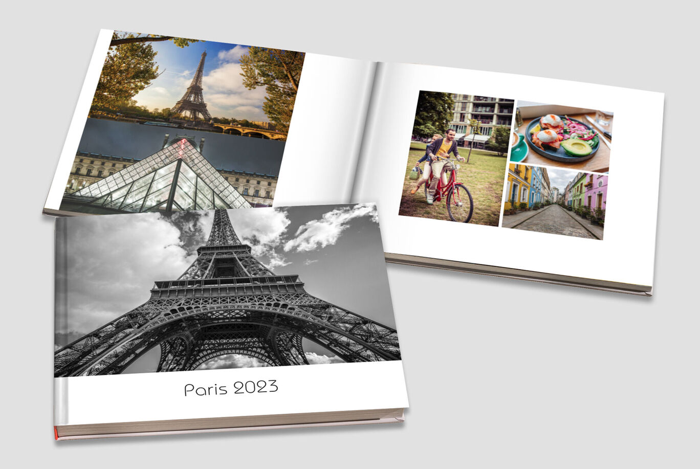 A CEWE photo book featuring images from Paris 2023: The Eiffel Tower, bike tour and delicious dishes