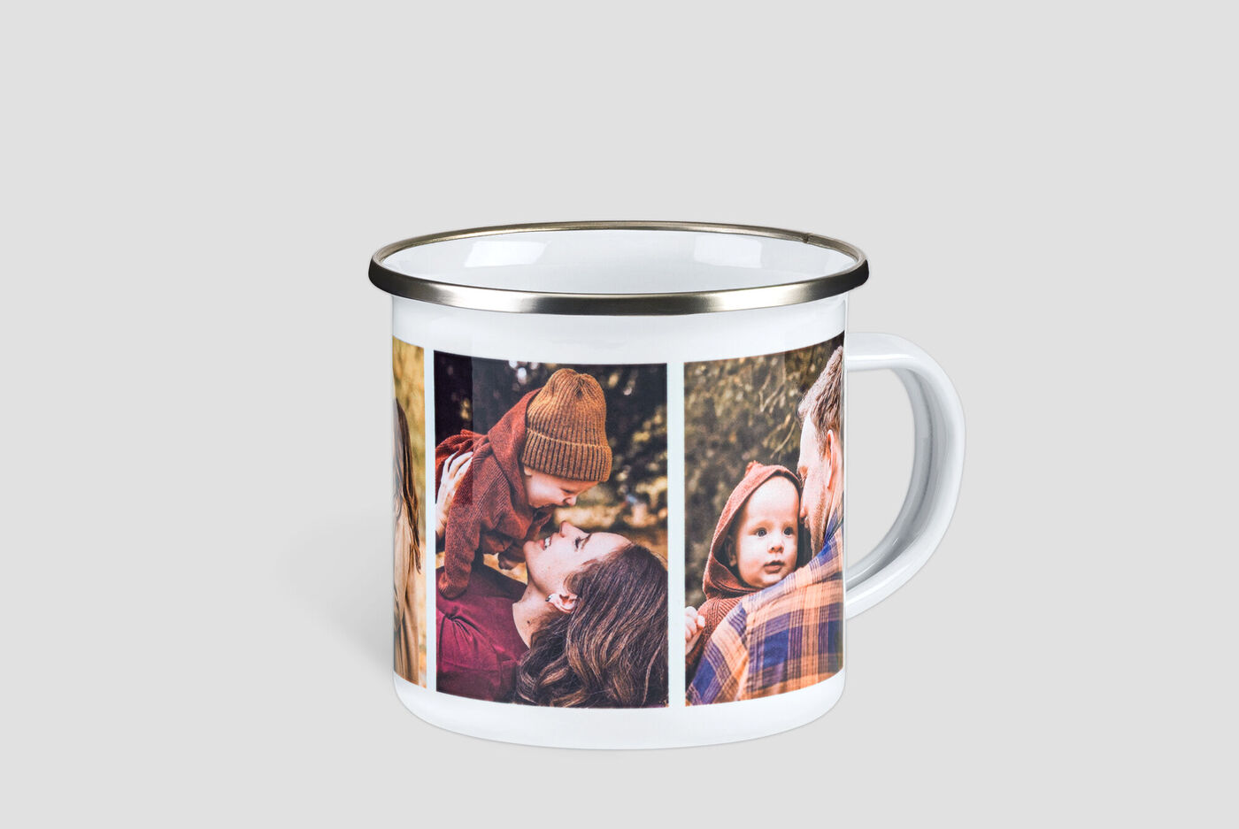 A personalized mug with photos of happy moments, showing people in loving hugs and smiles.