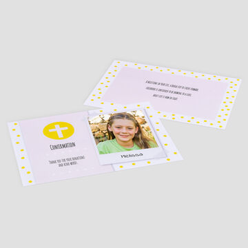 Confirmation card with a yellow cross and photo