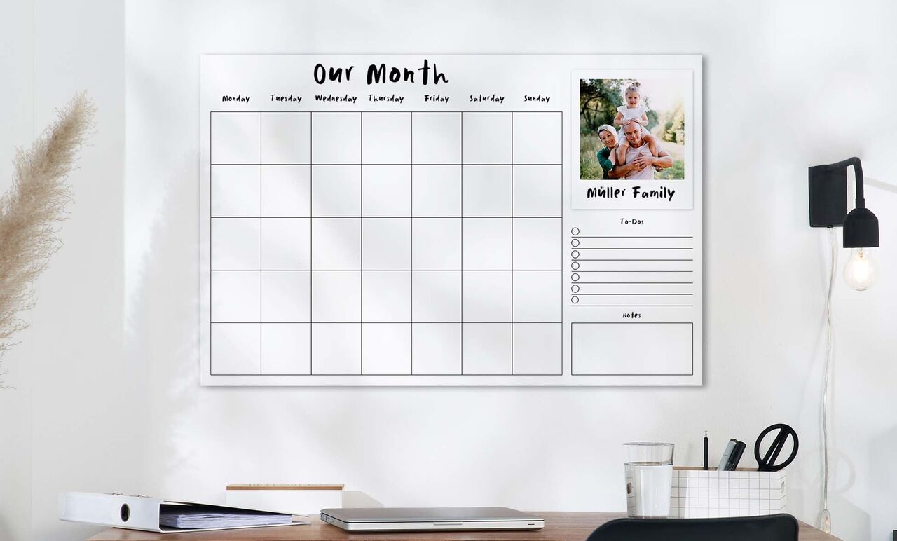 A creative calendar with space for family photos and personal notes